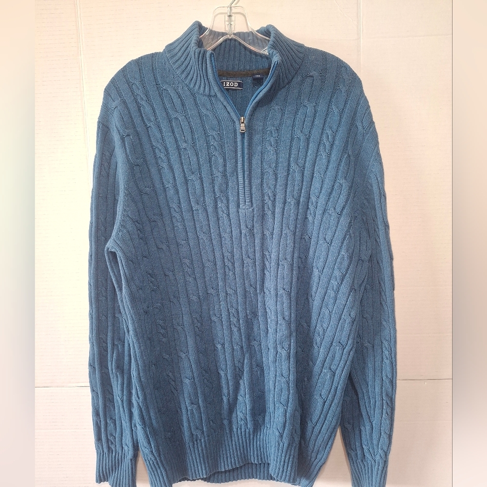 Izod Men's 1/4 Zip Cable Knit Sweater in Blue sz L